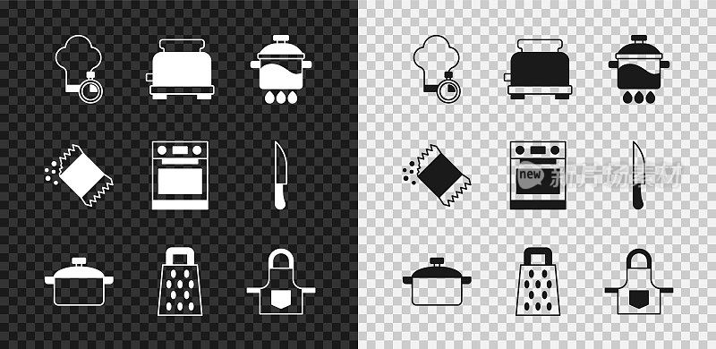 Set Chef hat, Toaster, Cooking pot, Grater, Kitchen apron, Packet of pepper and Oven icon。向量